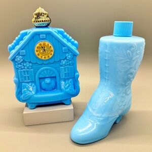 EUC Lot of 2 Vintage Avon Blue Milk Glass Bottles, Cuckoo Clock, Victorian Boot